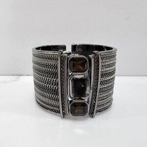 Gunmetal-tone Statement Cuff Chain Bracelet Black Onyx-style Stones Y2K Rocker